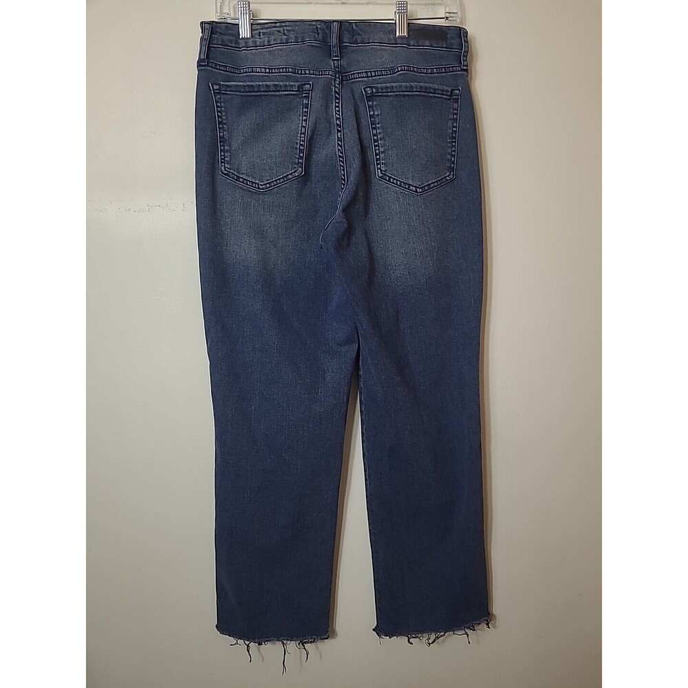 Womens High Rise Crop Jeans Straight Medium Dark Wash Distressed Raw Hem Size 12 - Picture 2 of 12